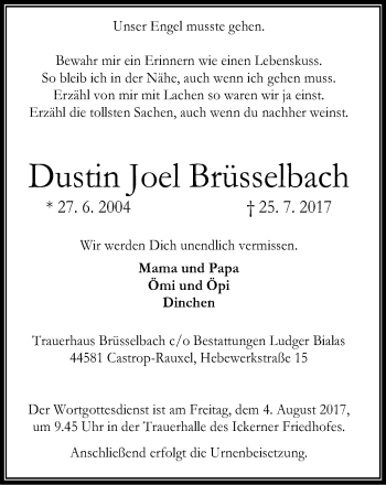 Traueranzeige von Dustin Joel Brüsselbach von Stadtanz.Castrop-Rauxel