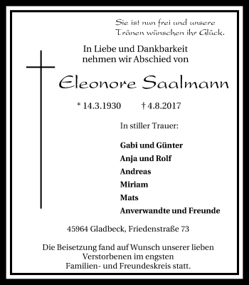 Traueranzeige von Eleonore Saalmann von Stadtspiegel Gladbeck