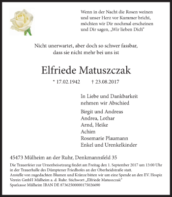Traueranzeige von Elfriede Matuszczak von Mülheimer Woche