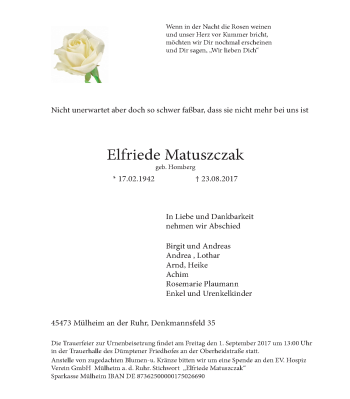 Traueranzeige von Elfriede Matuszczak von Wochen-Anzeiger Oberhausen