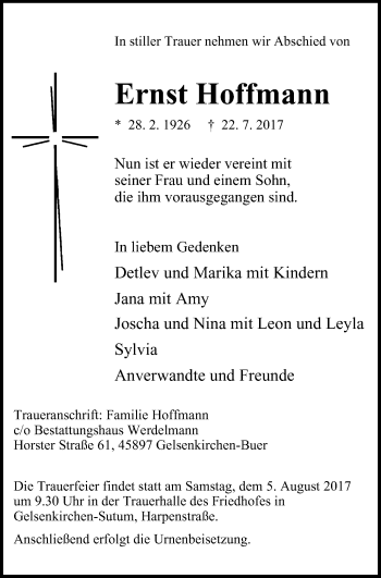 Traueranzeige von Ernst Hoffmann von Stadtspiegel Gelsenkirchen