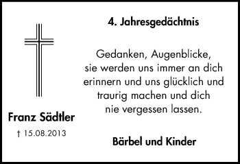 Traueranzeige von Franz Städtler von Stadtspiegel Bottrop