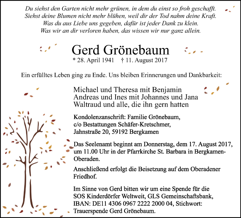  Traueranzeige für Gerd Grönebaum vom 16.08.2017 aus Stadtspiegel Kamen + Unna