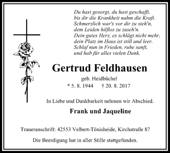 Traueranzeige von Gertrud Feldhausen von Stadtanzeiger Velbert + Heiligenhaus