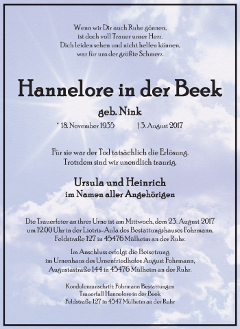 Traueranzeige von Hannelore in der Beek von Mülheimer Woche