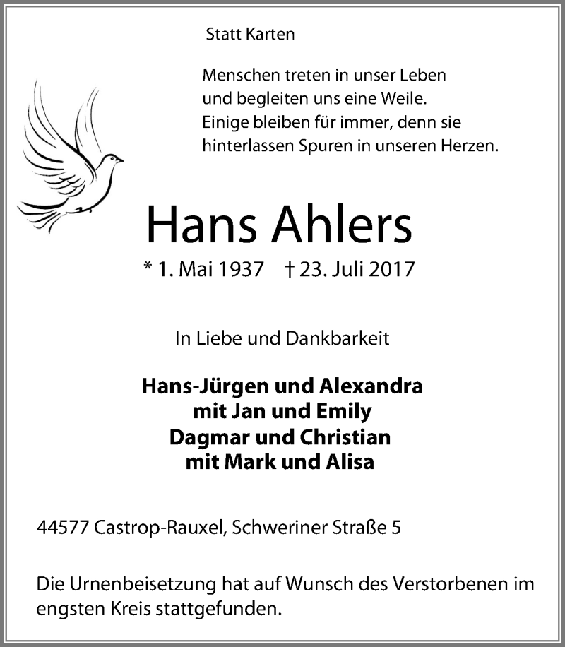  Traueranzeige für Hans Ahlers vom 05.08.2017 aus Stadtanz.Castrop-Rauxel