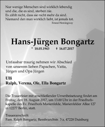 Traueranzeige von Hans-Jürgen Bongartz von Wochen-Anzeiger Duisburg