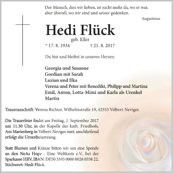 Traueranzeige von Hedi Flück von Stadtanzeiger Velbert + Heiligenhaus