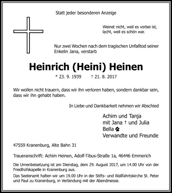 Traueranzeige von Heinrich Heini Heinen von Klever + Gocher Wochenblatt + Stadtanzeiger Emmerich
