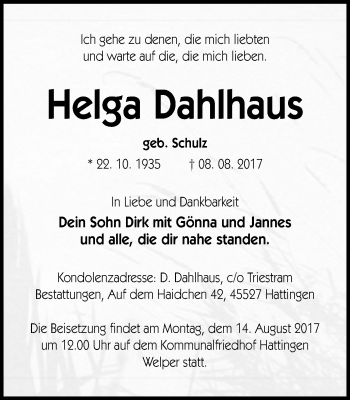 Traueranzeige von Helga Dahlhaus von Stadtspiegel Hattingen/Niedersprockhövel