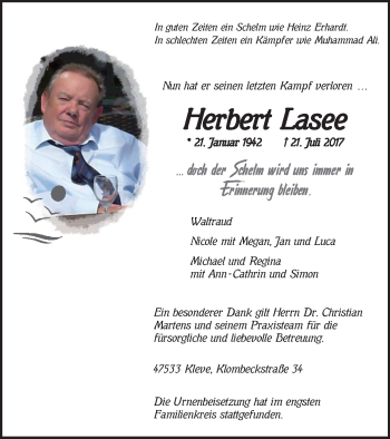 Traueranzeige von Herbert Lasee von Klever Wochenblatt