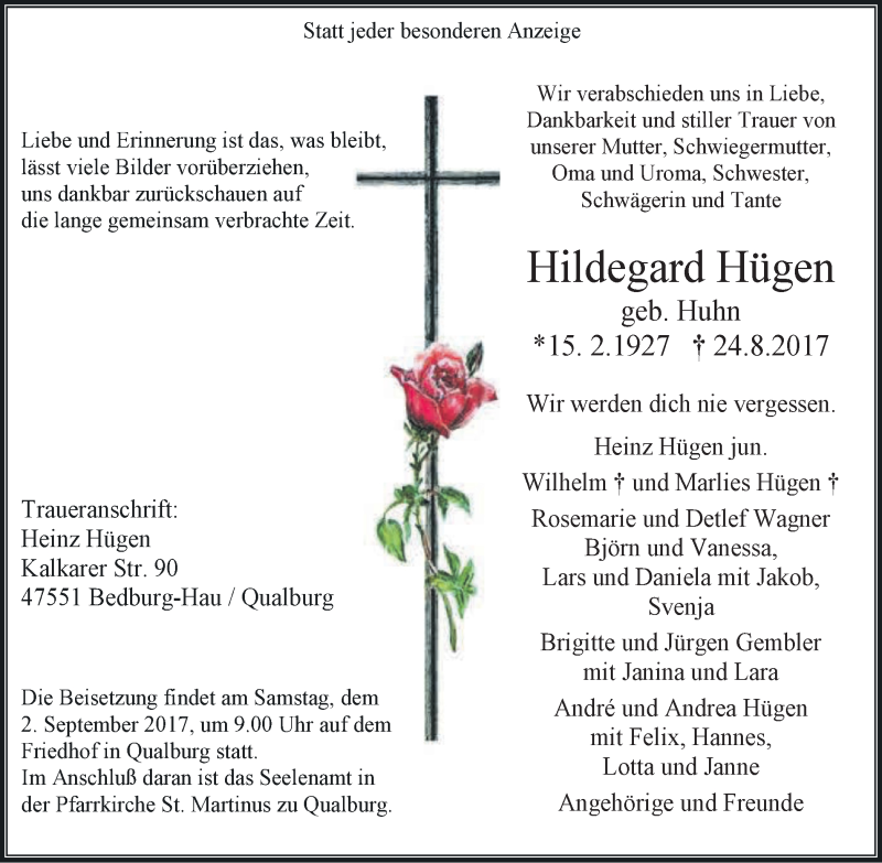  Traueranzeige für Hildegard Hügen vom 30.08.2017 aus Klever Wochenblatt