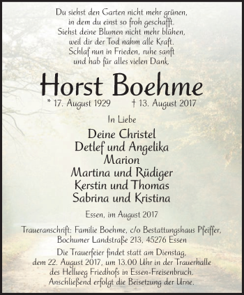 Traueranzeige von Horst Boehme von Steeler Kurier