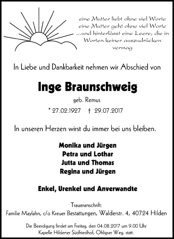 Traueranzeige von Inge Braunschweig von Wochen-Anzeiger Langenfeld/Monheim/Hilden