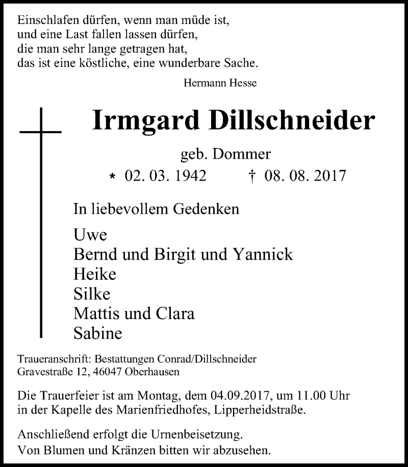  Traueranzeige für Irmgard Dillschneider vom 30.08.2017 aus Wochen-Anzeiger Oberhausen