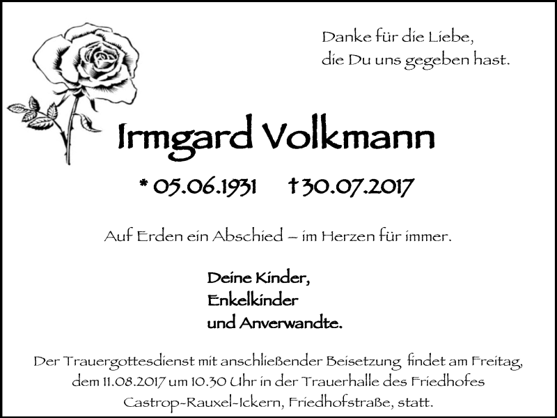  Traueranzeige für Irmgard Volkmann vom 05.08.2017 aus Stadtanz.Castrop-Rauxel
