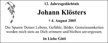Traueranzeige von Johann Klösters von Wochen-Anzeiger Oberhausen