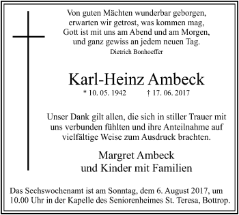 Traueranzeige von Karl-Heinz Ambeck von Stadtspiegel Bottrop