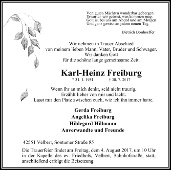Traueranzeige von Karl-Heinz Freiburg von Stadtanzeiger Velbert + Heiligenhaus