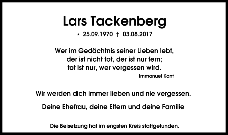  Traueranzeige für Lars Tackenberg vom 26.08.2017 aus Mülheimer Woche