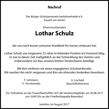 Traueranzeige von Lothar Schulz von Stadtspiegel Iserlohn + Hemer