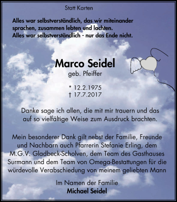 Traueranzeige von Marco Seidel von Stadtspiegel Gladbeck