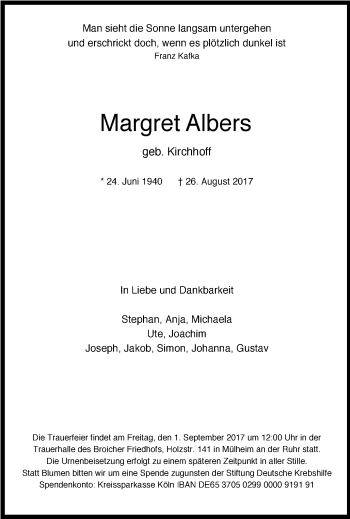 Traueranzeige von Margret Albers von Mülheimer Woche