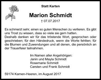 Traueranzeige von Marion Schmidt von Stadtspiegel Kamen + Unna