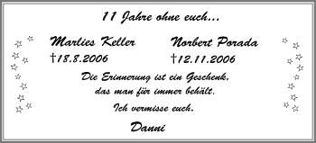 Traueranzeige von Marlies Keller und Norbert Porada von Stadtanz.Castrop-Rauxel