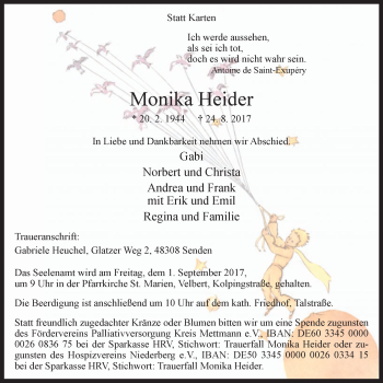 Traueranzeige von Monika Heider von Stadtanzeiger Velbert + Heiligenhaus