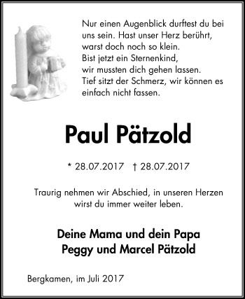 Traueranzeige von Paul Pätzold von Stadtspiegel Kamen + Unna