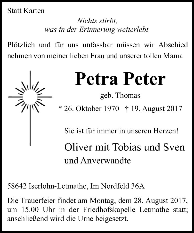  Traueranzeige für Petra Peter vom 26.08.2017 aus Stadtspiegel Iserlohn + Hemer