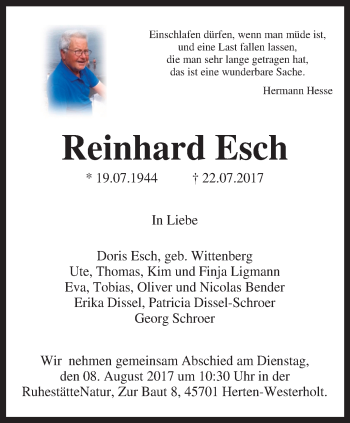Traueranzeige von Reinhard Esch von Stadtspiegel Gelsenkirchen