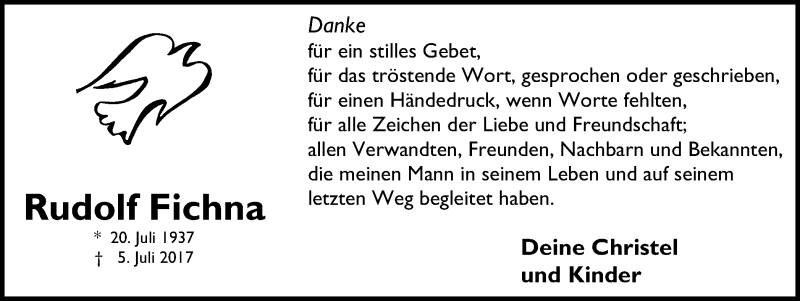  Traueranzeige für Rudolf Fichna vom 16.08.2017 aus Stadtspiegel Bottrop