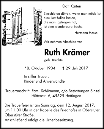 Traueranzeige von Ruth Krämer von Stadtspiegel Hattingen/Niedersprockhövel