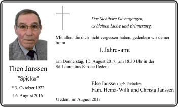 Traueranzeige von Theo Janssen von Gocher Wochenblatt