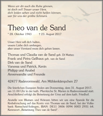 Traueranzeige von Theo van de Sand von Klever Wochenblatt