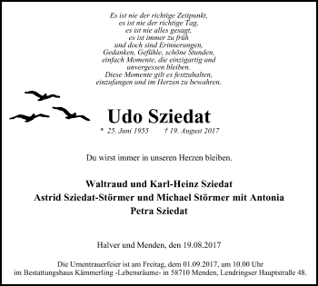 Traueranzeige von Udo Sziedat von Stadtspiegel Menden + Froendenberg