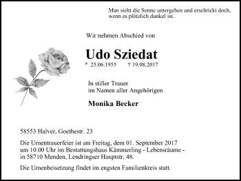 Traueranzeige von Udo Sziedat von Stadtspiegel Menden + Froendenberg