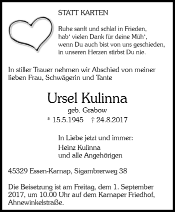 Traueranzeige von Ursel Kulinna von Nord Anzeiger Essen