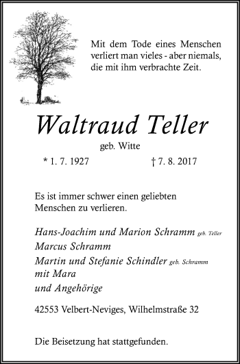 Traueranzeige von Waltraud Teller von Stadtanzeiger Velbert + Heiligenhaus