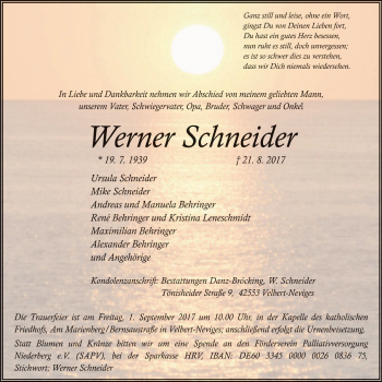 Traueranzeige von Werner Schneider von Stadtanzeiger Velbert + Heiligenhaus