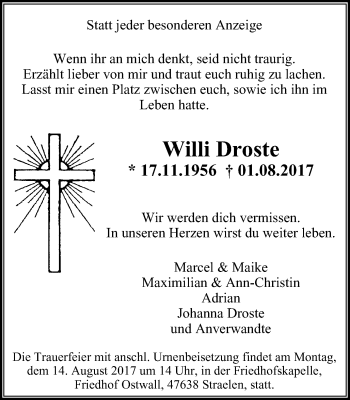 Traueranzeige von Willi Droste von Der Weseler + Der Xantener