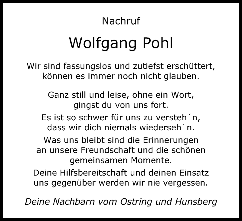  Traueranzeige für Wolfgang Pohl vom 19.08.2017 aus Gocher Wochenblatt