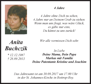 Traueranzeige von Anita Buchczik von Stadtspiegel Bottrop