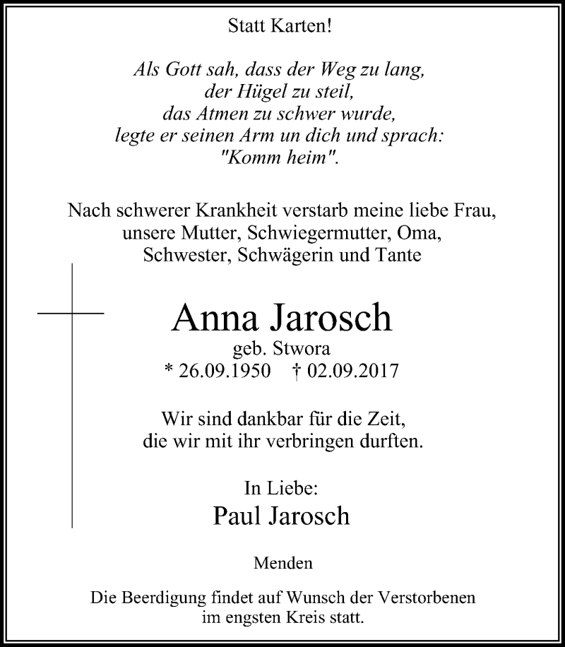  Traueranzeige für Anna Jarosch vom 13.09.2017 aus Stadtspiegel Menden + Froendenberg