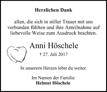 Traueranzeige von Anni Höschele von Wochen-Anzeiger Langenfeld/Monheim/Hilden