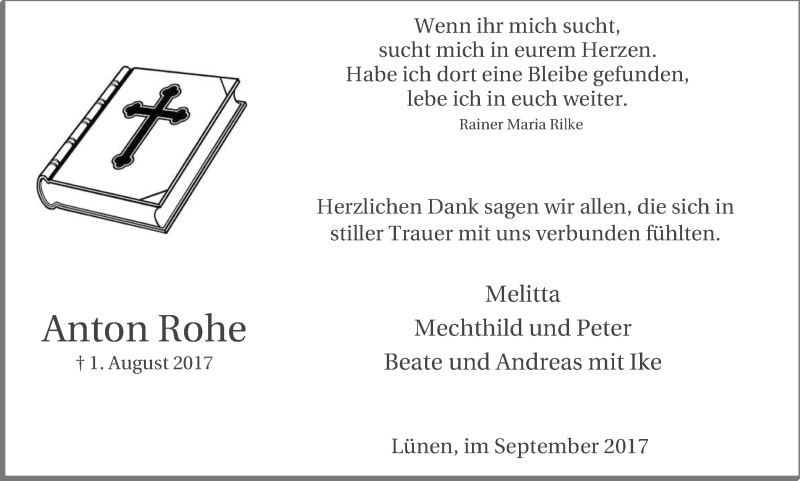  Traueranzeige für Anton Rohe vom 09.09.2017 aus Lüner Anzeiger