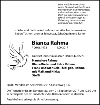 Traueranzeige von Bianca Rahma von Stadtspiegel Menden + Froendenberg