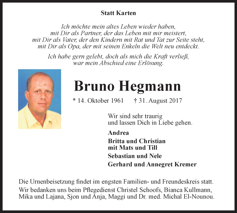  Traueranzeige für Bruno Hegmann vom 02.09.2017 aus Stadtanzeiger Emmerich/Rees/Isselburg